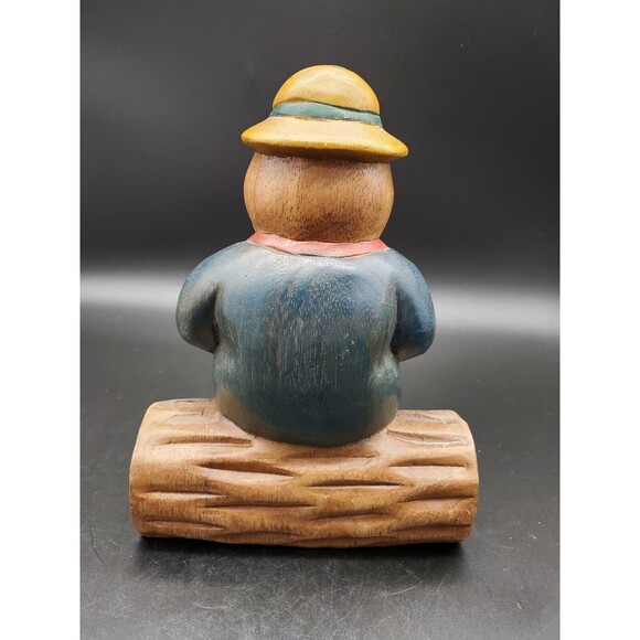 Honey Bear Beehive Dressed Sitting on Log Carved WOOD 8" Very NICE!!! Adorable! - Picture 3 of 12